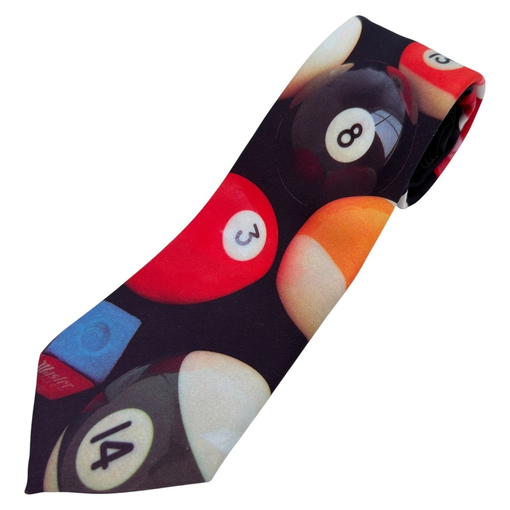 Vintage 1991 Ralph‎ Marlin Billiards Pool Ball Graphic Mens Tie Multicolor USA